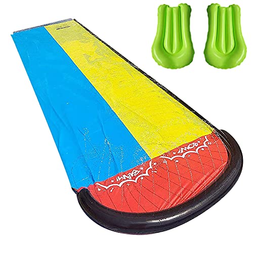 MEYENG Columpio para niños con 2 bodyboard, tobogán de agua doble con aspersor de dos carriles, para carreras, 480 x 140 cm