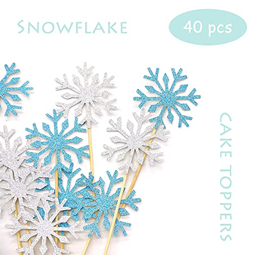 MEZHEN Frozen Decoracion Tarta Copo de Nieve Pastel Toppers Reina de Nieve Cupcake Toppers Azul Happy Birthday Cake Toppers 42 Piezas