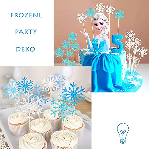 MEZHEN Frozen Decoracion Tarta Copo de Nieve Pastel Toppers Reina de Nieve Cupcake Toppers Azul Happy Birthday Cake Toppers 42 Piezas