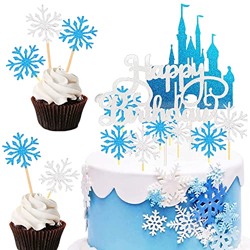 MEZHEN Frozen Decoracion Tarta Copo de Nieve Pastel Toppers Reina de Nieve Cupcake Toppers Azul Happy Birthday Cake Toppers 42 Piezas