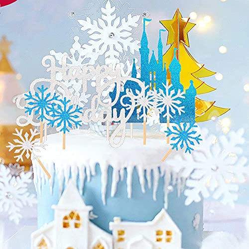 MEZHEN Frozen Decoracion Tarta Copo de Nieve Pastel Toppers Reina de Nieve Cupcake Toppers Azul Happy Birthday Cake Toppers 42 Piezas