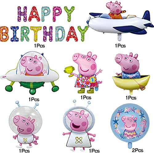 MEZHEN Globos para Fiesta Globos Cumpleaños Decoracion Pig Globos Foil Happy Birthday Banner Fiesta de Cumpleaños Baby Shower Niña Niño 9 Piezas