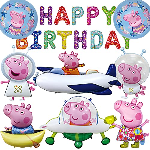 MEZHEN Globos para Fiesta Globos Cumpleaños Decoracion Pig Globos Foil Happy Birthday Banner Fiesta de Cumpleaños Baby Shower Niña Niño 9 Piezas