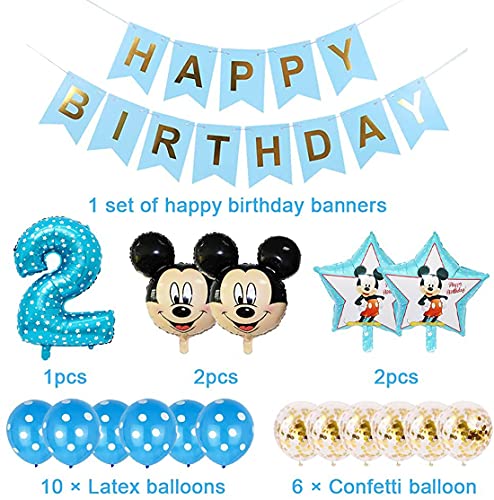 Mickey Globos, Decoración de Globo Azul de 2er Cumpleaños, Mickey Themed Party Decorations Supplies 2rd Birthday Decoracion Cumpleaños 2 Año Bebe Niño