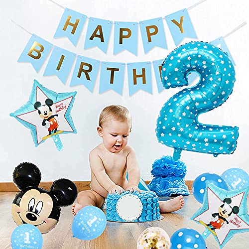 Mickey Globos, Decoración de Globo Azul de 2er Cumpleaños, Mickey Themed Party Decorations Supplies 2rd Birthday Decoracion Cumpleaños 2 Año Bebe Niño