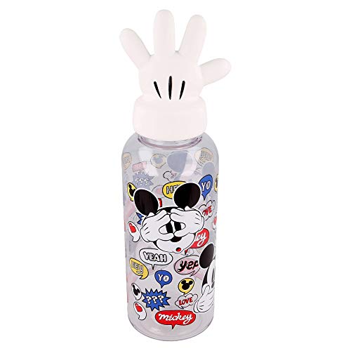 MICKEY MOUSE | Botella de agua reutlizable para niños y niñas de plástico - diseño infantil con tapón de figurita 3D y capacidad de 560 ML - sin BPA