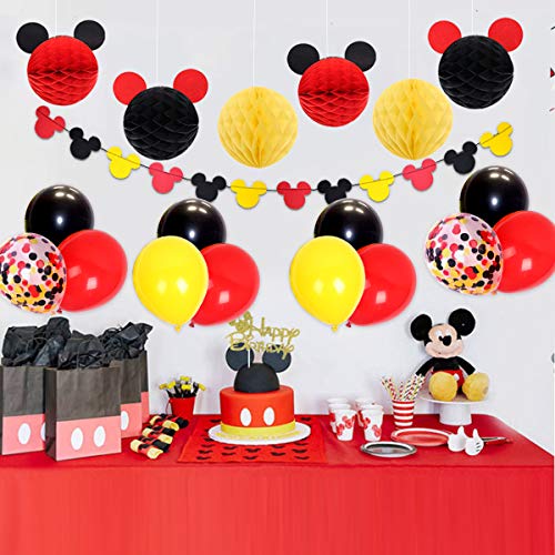 Mickey Mouse Themed Decoraciones de fiesta con globos de confeti Rojo Amarillo Negro, Mickey Ears Garland, Bolas de nido de abeja de papel para Baby Shower, Decoraciones de cumpleaños