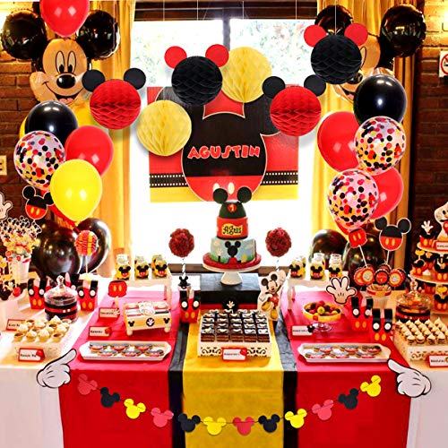 Mickey Mouse Themed Decoraciones de fiesta con globos de confeti Rojo Amarillo Negro, Mickey Ears Garland, Bolas de nido de abeja de papel para Baby Shower, Decoraciones de cumpleaños