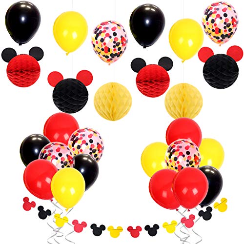 Mickey Mouse Themed Decoraciones de fiesta con globos de confeti Rojo Amarillo Negro, Mickey Ears Garland, Bolas de nido de abeja de papel para Baby Shower, Decoraciones de cumpleaños