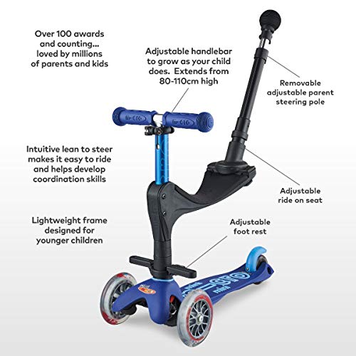 Micro® Mini 3en1 Deluxe Plus. El Original. Patinete evolutivo 3 Ruedas, 1 - 5 años, Manillar Regulable 48-68cm, Asiento + Reposapiés + Bastón de Empuje (Única, Azul)