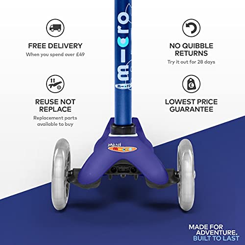 Micro® Mini 3en1 Deluxe Plus. El Original. Patinete evolutivo 3 Ruedas, 1 - 5 años, Manillar Regulable 48-68cm, Asiento + Reposapiés + Bastón de Empuje (Única, Azul)