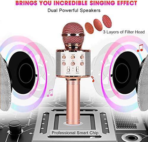 Micrófono Karaoke, Guiseapue Microfono Inalámbrico Karaoke Portátil con Luces LED, Bluetooth Altavoz, para Niños Canta Partido Musica, Regalos para Niña de 3-12 Años/Adultos