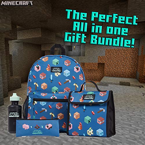 Minecraft Set Mochilas Escolares 4 Piezas, Incluye Botella Agua Niños Mochila Escolar Estuche y Bolsa Termica Porta Alimentos, Regalos para Niños y Adolescentes