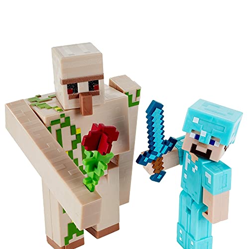 Minecraft Steve y Gólem de Hierro Figuras articuladas de juguete con accesorios, regalo para niños +6 años (Mattel GTP30)