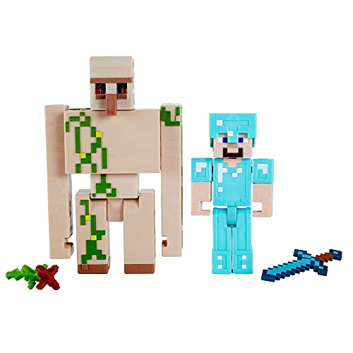 Minecraft Steve y Gólem de Hierro Figuras articuladas de juguete con accesorios, regalo para niños +6 años (Mattel GTP30)