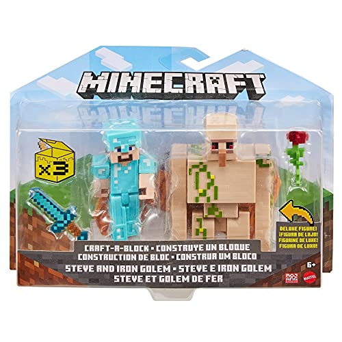 Minecraft Steve y Gólem de Hierro Figuras articuladas de juguete con accesorios, regalo para niños +6 años (Mattel GTP30)