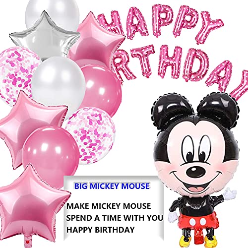 Minnie Globos, Mickey Party Globos, Globos de Cumpleaños de Minnie, Decoraciones de Mickey Mouse, Globos de Latex, con Pancarta de Feliz Cumpleaños, para Fiestas Decoraciones, 22 Piezas, Rosa