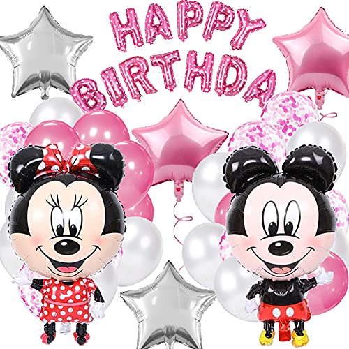 Minnie Globos, Mickey Party Globos, Globos de Cumpleaños de Minnie, Decoraciones de Mickey Mouse, Globos de Latex, con Pancarta de Feliz Cumpleaños, para Fiestas Decoraciones, 22 Piezas, Rosa