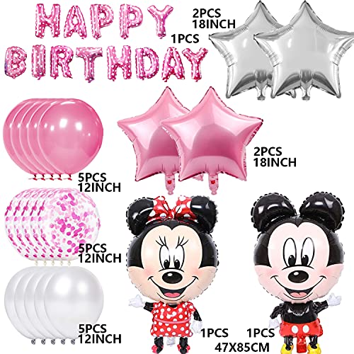 Minnie Globos, Mickey Party Globos, Globos de Cumpleaños de Minnie, Decoraciones de Mickey Mouse, Globos de Latex, con Pancarta de Feliz Cumpleaños, para Fiestas Decoraciones, 22 Piezas, Rosa