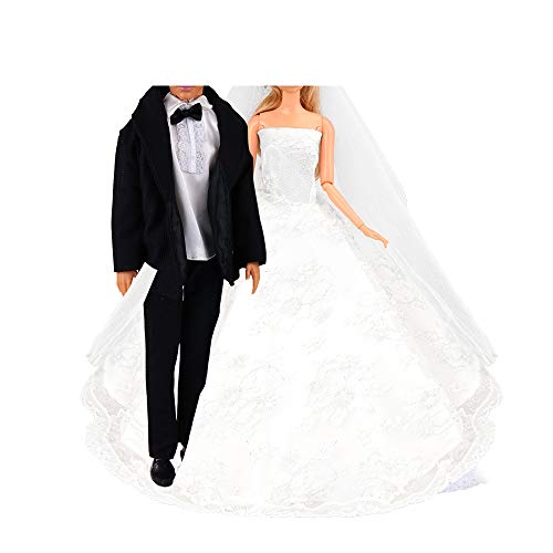 Miunana 1 Vestido de Novia con Velo Blanco Vestir Boda Ropa para Muñeca Ninas y 1 Novio Traje de Ropa con Negro para Ninos Muñeco