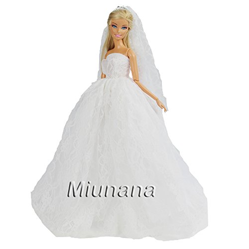 Miunana 1 Vestido Novia Ropa Vestir Boda + 1 Velo como Regalo para 11.5 Pulgadas 28 -30 CM Muñeca - Blanco