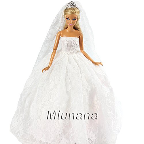 Miunana 1 Vestido Novia Ropa Vestir Boda + 1 Velo como Regalo para 11.5 Pulgadas 28 -30 CM Muñeca - Blanco