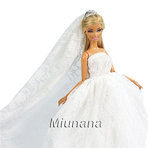 Miunana 1 Vestido Novia Ropa Vestir Boda + 1 Velo como Regalo para 11.5 Pulgadas 28 -30 CM Muñeca - Blanco