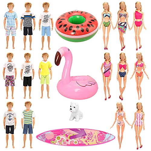 Miunana 3 Vestidos De Playa para Ninos Muñeca + 5 Traje De Baño para Ninas Muñeca + 2 Salvavidas + Tabla De Surf + Perro