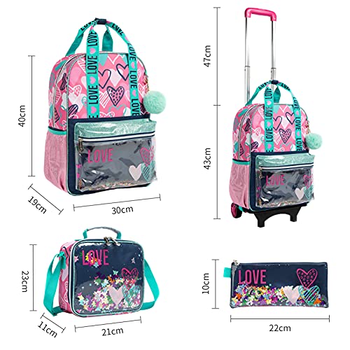 Mochila con Ruedas para niños Mochila Escolar para niños Mochila Escolar con diseño holográfico, Juego de Mochilas con Ruedas 3 en 1 Mochila niñas y Adolescentes, 35×18×43CM