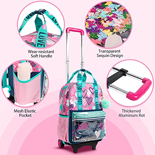 Mochila con Ruedas para niños Mochila Escolar para niños Mochila Escolar con diseño holográfico, Juego de Mochilas con Ruedas 3 en 1 Mochila niñas y Adolescentes, 35×18×43CM