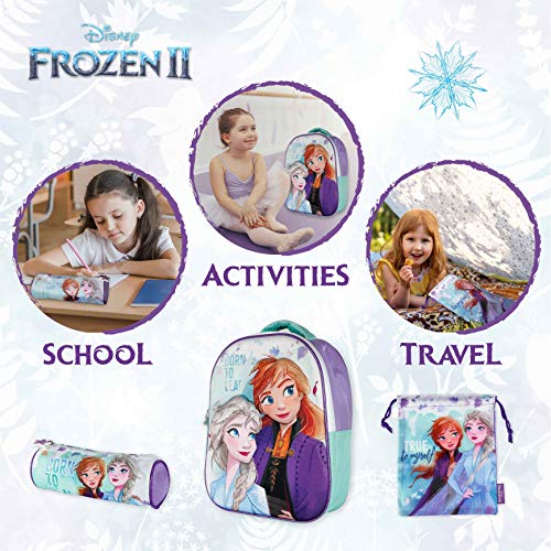 Mochila Infantil 3D, Estuche Escolar y Bolsa Merienda de Cuerdas Frozen 2 Diseño Exclusivo – Frozen | Mochilas Escolares para Niñas y Niños de 3 Años | Material Escolar Vuelta al Cole de Frozen