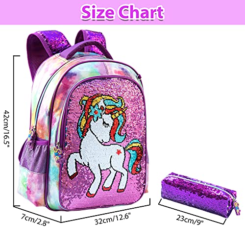 Mochila para niñas 2PCS con Estuche para lápices para niñas Unicornio con Lentejuelas