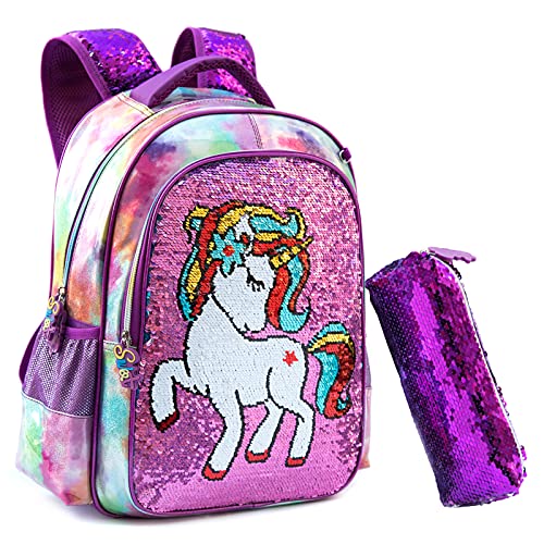 Mochila para niñas 2PCS con Estuche para lápices para niñas Unicornio con Lentejuelas