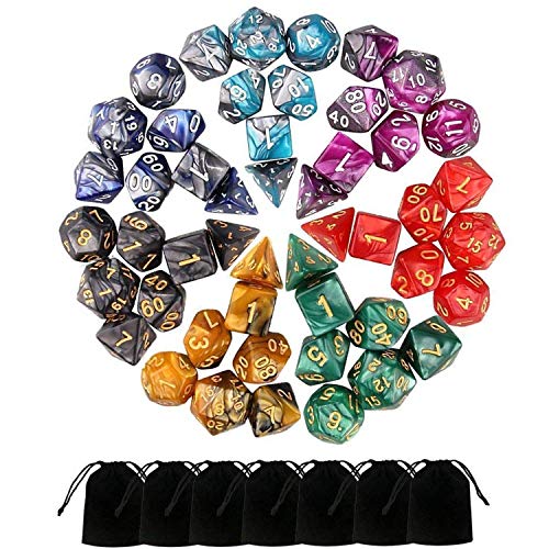 MONUARY 49 Piezas Dados de rol D&D, Dado Poliédrico y de rol de Juegos para Dungeons & Dragons con 7 Piezas de Bolsos, 7 Sets de RPG DND MTG D4/D6/D8/D10(0-9 y 00-90)/D12/D20