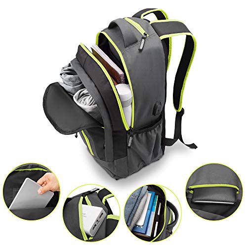 Monzana Mochila Deportiva 35L con Puerto USB Bolsa para Laptop Desmontable 48x22x33 Gris y Verde Ergonómica Transpirable