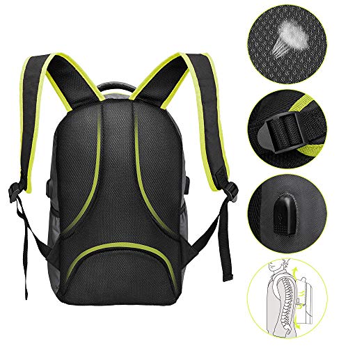 Monzana Mochila Deportiva 35L con Puerto USB Bolsa para Laptop Desmontable 48x22x33 Gris y Verde Ergonómica Transpirable