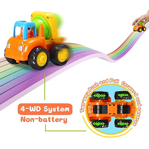 Moontoy Vehículos de Construcción Coche de Juguete Coche de Friccion Camion de Juguete Coche de Juguete de Plástico Regalo de los Niños(Tractor, Niveladora, Camión del Mezclador, Camiones)