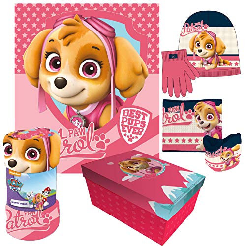 MovilCom® - Set de Regalo Skye Paw Patrol Manta Polar Cama Patrulla Canina Gorro Patrulla Canina Guantes Patrulla Canina Braga Cuello Patrulla Canina Caja Regalo Skye