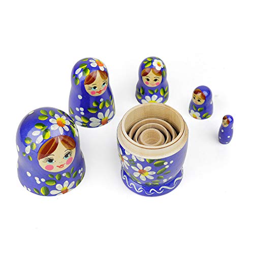 Muñecas Rusas, 5 Matrioskas de Estilo Romashka | Muñeca Babushka de Madera, Azul con Diseño Floral Blanco, Hecha a Mano en Rusia | 5 Piezas, Romashka, 18 cm.