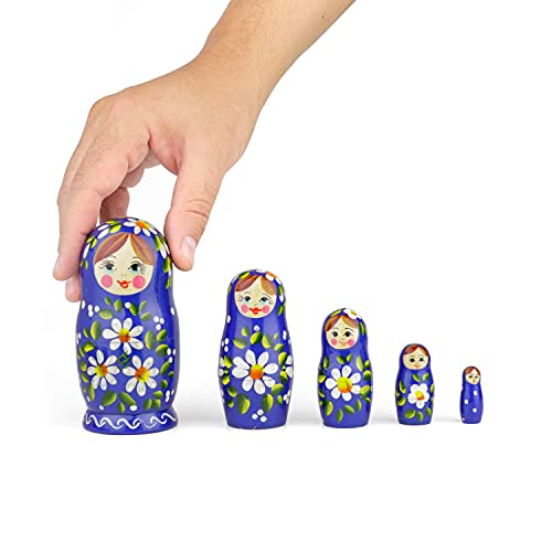 Muñecas Rusas, 5 Matrioskas de Estilo Romashka | Muñeca Babushka de Madera, Azul con Diseño Floral Blanco, Hecha a Mano en Rusia | 5 Piezas, Romashka, 18 cm.