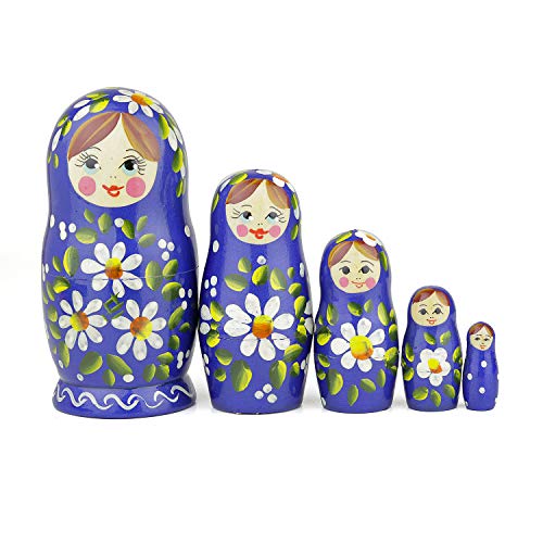 Muñecas Rusas, 5 Matrioskas de Estilo Romashka | Muñeca Babushka de Madera, Azul con Diseño Floral Blanco, Hecha a Mano en Rusia | 5 Piezas, Romashka, 18 cm.