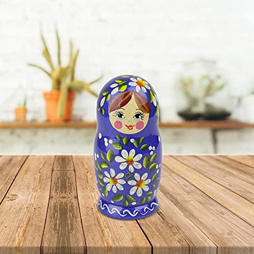 Muñecas Rusas, 5 Matrioskas de Estilo Romashka | Muñeca Babushka de Madera, Azul con Diseño Floral Blanco, Hecha a Mano en Rusia | 5 Piezas, Romashka, 18 cm.