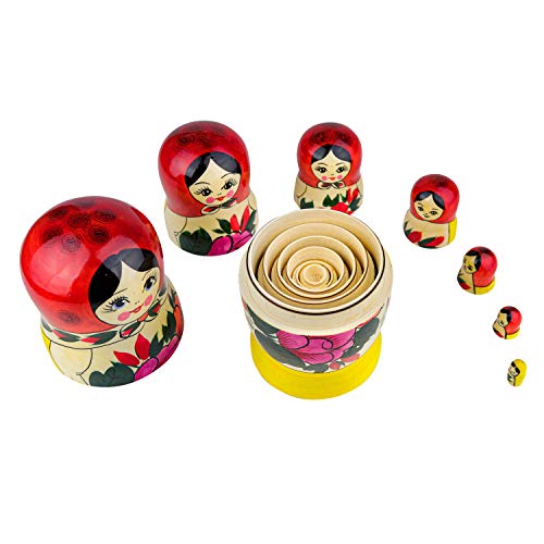 Muñecas Rusas, 7 Matrioskas Rojas de Estilo Semiónov Clásico | Muñeca Babushka de Madera Hecha a Mano en Rusia | Semiónov Rojo, 7 Piezas, 18 cm