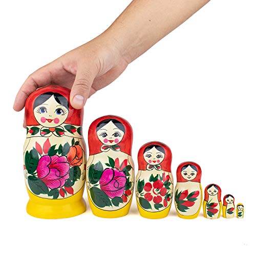 Muñecas Rusas, 7 Matrioskas Rojas de Estilo Semiónov Clásico | Muñeca Babushka de Madera Hecha a Mano en Rusia | Semiónov Rojo, 7 Piezas, 18 cm