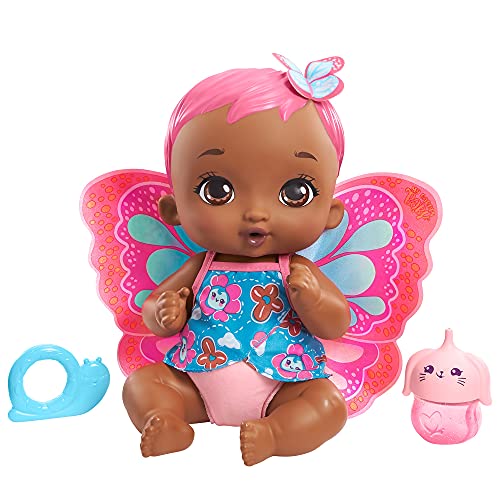 My Garden Baby Mariposas hago pipí Coral Muñeco de juguete con manta mariposa, biberón y pañal, regalo para niñas y niños +18 meses (Mattel GYP12)