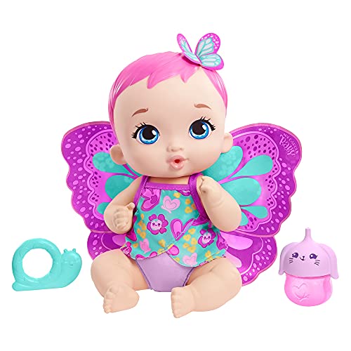 My Garden Baby Mariposas hago pipí Magenta Muñeco de juguete con manta mariposa, biberón y pañal, regalo para niñas y niños +18 meses (Mattel GYP10)