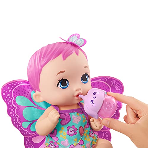 My Garden Baby Mariposas hago pipí Magenta Muñeco de juguete con manta mariposa, biberón y pañal, regalo para niñas y niños +18 meses (Mattel GYP10)