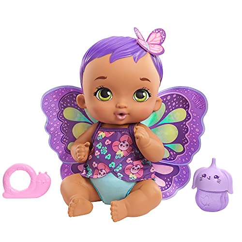 My Garden Baby Mariposas hago pipí Morado Muñeco de juguete con manta mariposa, biberón y pañal, regalo para niñas y niños +18 meses (Mattel GYP11)