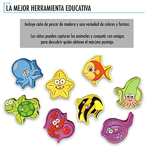 N Naturly Puzzle de Pesca Magnético | Juego de Pesca con Rompecabezas Incluido | 8 Animales Marinos con Imanes + 1 Caña De Pescar Imantada| Juguete Educativo Infantil