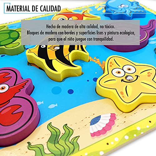 N Naturly Puzzle de Pesca Magnético | Juego de Pesca con Rompecabezas Incluido | 8 Animales Marinos con Imanes + 1 Caña De Pescar Imantada| Juguete Educativo Infantil